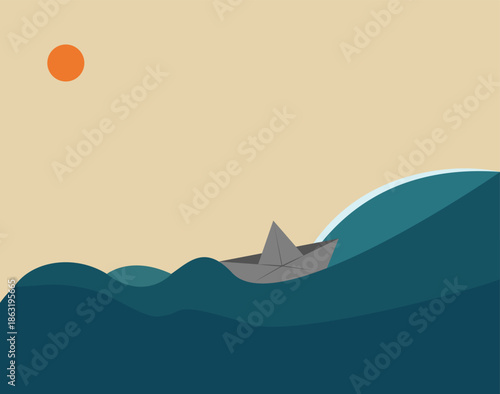 Paper boat in the ocean at sunrise