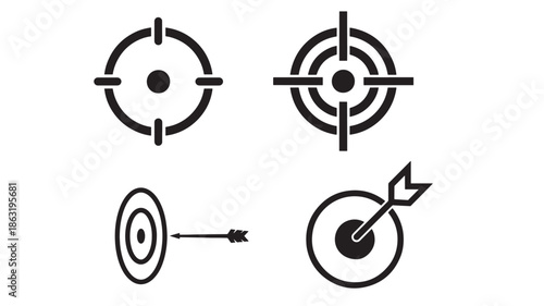 Set of black archery target icons featuring bullseye targets with crosshair rings and arrows hitting the targets in a minimalist vector style