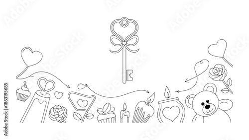 Love's Secrets Unveiled: Delicate hand-drawn elements of love and affection, a key, and romantic emblems elegantly arranged. The illustration is a perfect touch of romance.