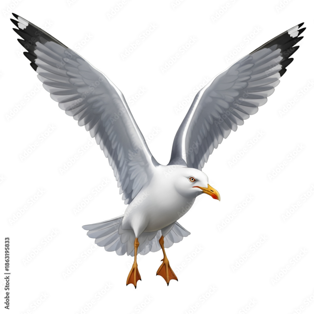 Fototapeta premium White seagull flying with outstretched wings isolated