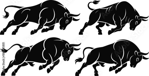 Bull silhouette vector, aggressive animal pose, charging bull icon, strong muscular beast, black graphic bull, dynamic motion, power symbol, stock art