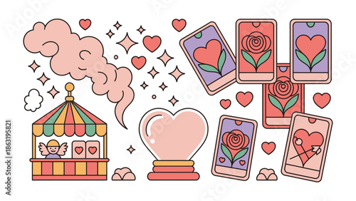 Love-themed Illustration: A whimsical illustration filled with hearts, mystical elements, and vibrant colors to express feelings and celebration.