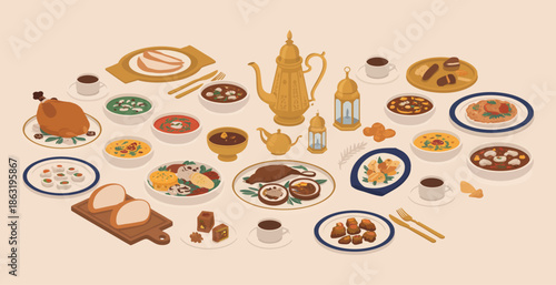 eid mubarak ramazan kareem illustration featuring flat cartoon iftar meal with food, drinks, bread, fruits, vegetables, and a glowing holy lamp for celebration designs