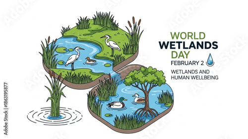 Wetlands Illustration for World Wetlands Day with Birds and Water Droplet