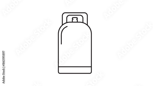 Black line art of a tall propane gas cylinder with top valve, minimalist vector icon isolated on white background, industrial utility symbol
