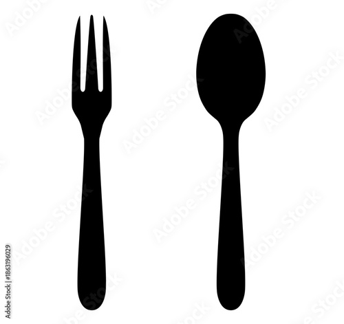 Fork and Spoon Cutlery Icon - Black Silhouette Kitchen Utensil and Dining Symbol