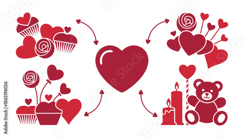 Love's Sweet Embrace: A charming arrangement of symbolic elements in shades of red, celebrating love, affection, and the joys of romance.