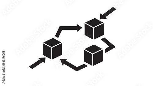Isometric black cube workflow icon with circular arrows showing a three-block process loop in a vector graphic for process flow diagrams