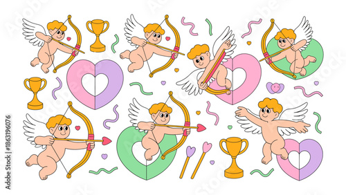 Cupid's Artistic Palette: Charming cupids armed with bows and arrows surround a heart filled backdrop, alongside golden trophies, pencils, and ribbons, a whimsical array of elements