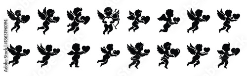 Collection of cupid holding heart silhouette valentine vector icon set. Clean romantic icons symbols isolated on a white background for Valentine’s Day.