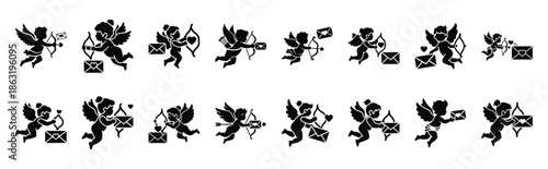 Collection of cupid love mail silhouette valentine vector icon set. Clean romantic icons symbols isolated on a white background for Valentine’s Day.