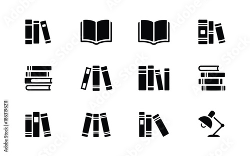 Set of Minimalist Black Book Icons and Library Symbols for Education and Literature Design