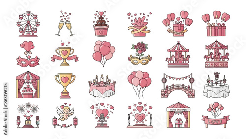 Love and Celebration: A curated collection of charming icons, radiating love and festivity, including heart-shaped balloons, celebratory trophies, and romantic fairground rides.