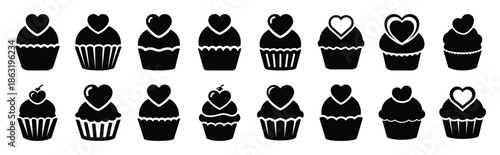 Collection of heart cupcake silhouette valentine vector icon set. Clean romantic icons symbols isolated on a white background for Valentine’s Day.