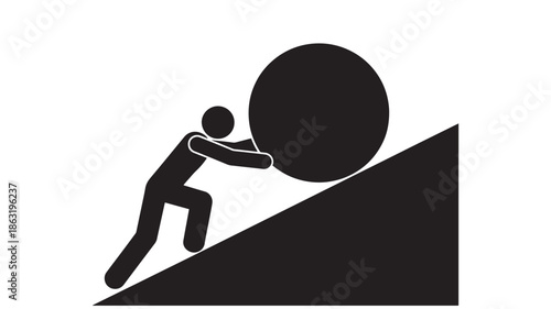 Silhouette of a person pushing a large round ball uphill on a steep incline, black vector icon showing effort and perseverance