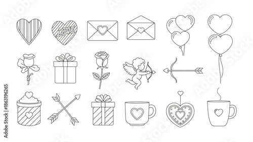 Love's Icons: A collection of charming Valentine's Day icons, perfect for expressing affection and romance, featuring hearts, cupid, gifts, and letters. 