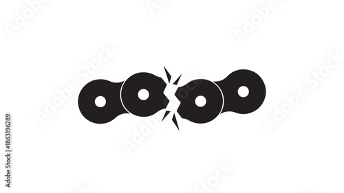 Abstract black vector icon of two hollow circular disks connected by a jagged crack in the middle, minimalist geometric silhouette on white background