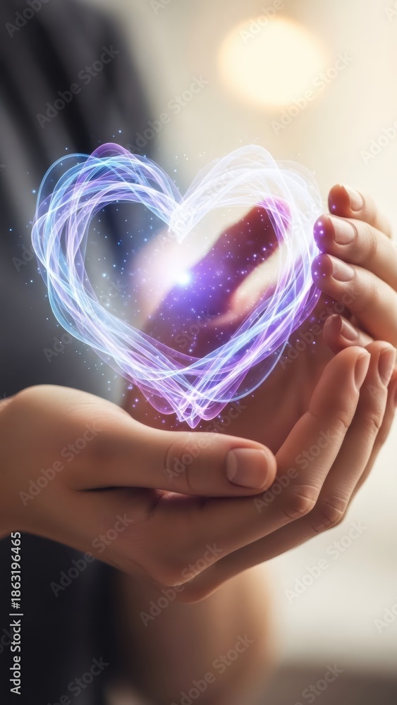 Fototapeta premium Woman holding a glowing heart shape made of light in her hands. Concept of love, care, health, healing for Valentines Day.