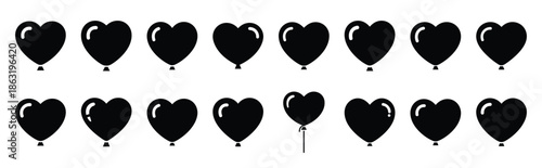 Collection of heart shaped balloon silhouette valentine vector icon set. Clean romantic icons symbols isolated on a white background for Valentine’s Day.