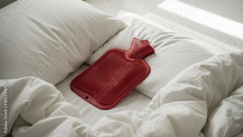 Red hot water bottle on a white bed with sunlight. Pain relief and comfort. Self-care at home and therapeutic heat for relaxation.