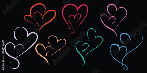 Modern Neon Love Heart Shapes on Black, Glowing Colorful Heart Line Art Set, Colorful Neon Heart Line Art Collection