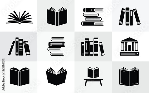 Academic Library Icon Set Featuring Open Books Fanned Pages and Building Symbols