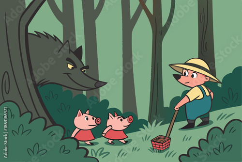 Illustration of the Big Bad Wolf lurking in a dark, enchanted forest, as he spies on the Three Little Pigs. The wolf is partially hidden behind thick trees, with a sly, menacing expression and sharp