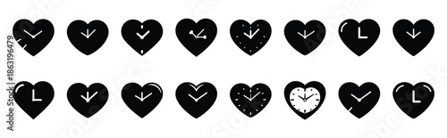 Collection of heart shaped clock silhouette valentine vector icon set. Clean romantic icons symbols isolated on a white background for Valentine’s Day.