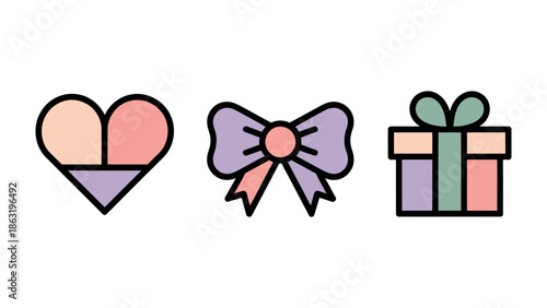 Gift Set Icons: Featuring a charming collection of stylized heart, bow, and gift box icons. A delightful array for conveying feelings of love, celebration, and giving.