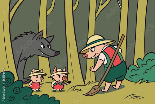  Illustration of the Big Bad Wolf lurking in a dark, enchanted forest, as he spies on the Three Little Pigs. The wolf is partially hidden behind thick trees, with a sly, menacing expression and sharp