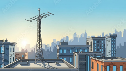 Television Antenna on Rooftop with City Skyline at Sunset