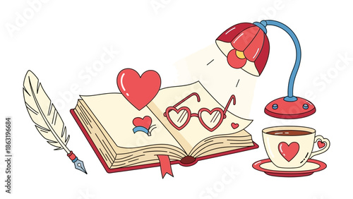 Romance Reading Nook: A cozy illustration showing open book, glasses, coffee cup, and a quill set the scene for quiet reading