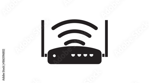 Black wireless router icon with two tall antennas and three curved wifi signal arcs, minimalist flat design illustrating a home network device