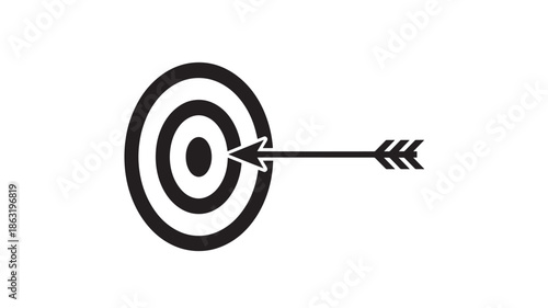 Black minimalist target bullseye with an arrow piercing the center and extending to the right, bold rings, vector icon representing aim and precision