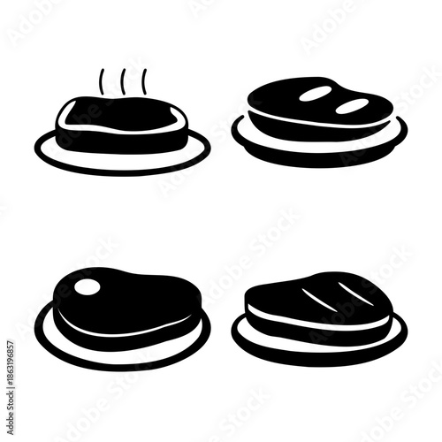 Collection of four distinct black and white steak icons on plates, representing various meat preparations