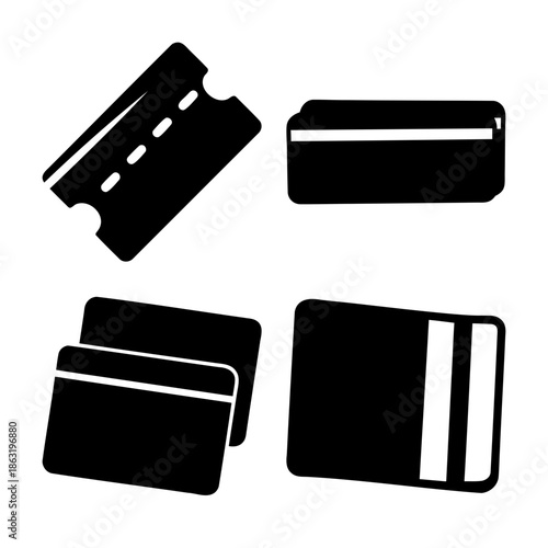Set of ticket and credit card icons illustrating various transaction and payment methods
