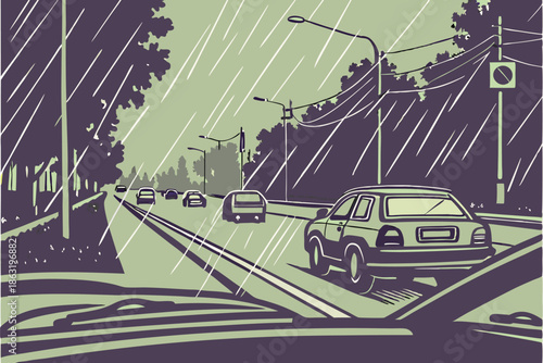  a busy, pouring rainy street seen from the dashboard of a car. Long exposure. Grainy film effect