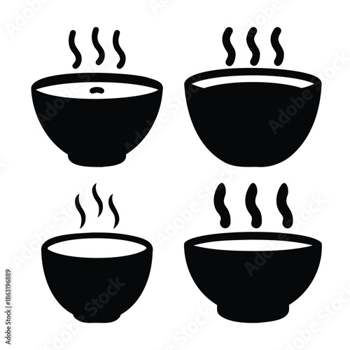 Set of hot steaming bowls icons representing warm food and beverages in a minimalist style