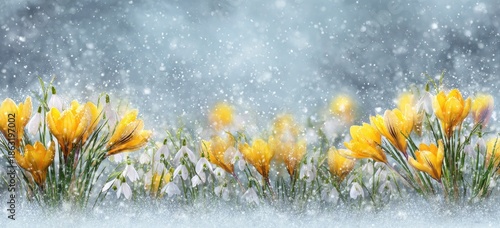 Yellow crocus flowers blooming in a snowy field illustration nature scene