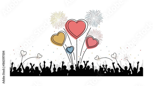 Love Celebration Fireworks: The image captures a lively scene of a silhouette crowd, reveling in a vibrant celebration of love with a heart fireworks display above. This image creates feeling of love.