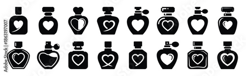 Collection of love perfume bottle silhouette valentine vector icon set. Clean romantic icons symbols isolated on a white background for Valentine’s Day.