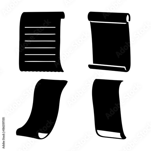 Various minimalist black icons depicting papers, scrolls, and document concepts