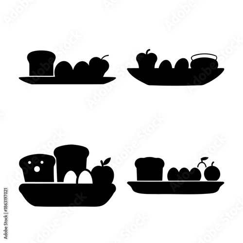 A collection of monochrome silhouettes depicting various breakfast staples on serving dishes