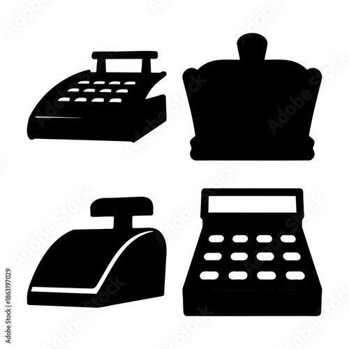 Black silhouette icons featuring cash registers, a calculator, and a regal crown on white.