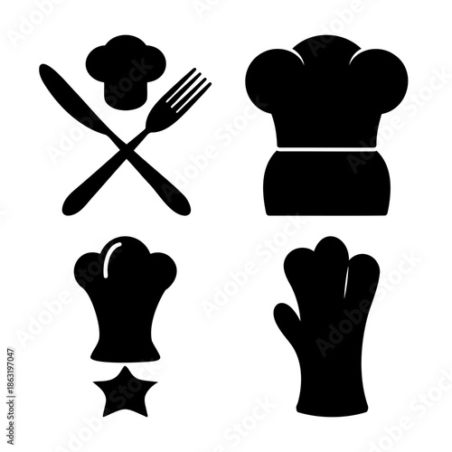 Culinary essentials: a graphic collection of chef hats, kitchen utensils, and an oven mitt silhouette set