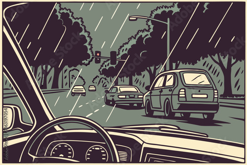  a busy, pouring rainy street seen from the dashboard of a car. Long exposure. Grainy film effect