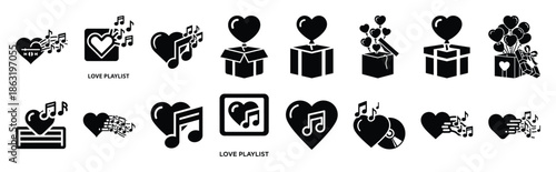 Collection of love playlist silhouette valentine vector icon set. Clean romantic icons symbols isolated on a white background for Valentine’s Day.