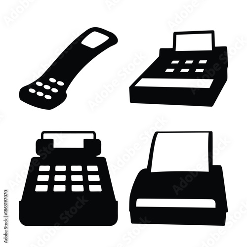 Collection of essential vintage office and business equipment in sleek black silhouette icons