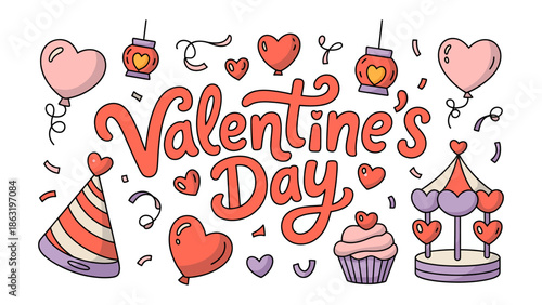 Valentine's Day Delight: A vibrant illustration for Valentine's Day features hearts and a whimsical carousel, creating a joyful atmosphere for expressing love and affection.