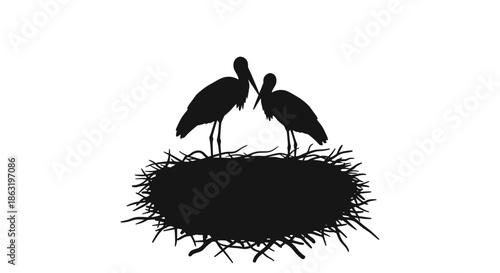 A lovely silhouette of a pair of storks standing affectionately in their large nest isolated on a clear white background illustration.